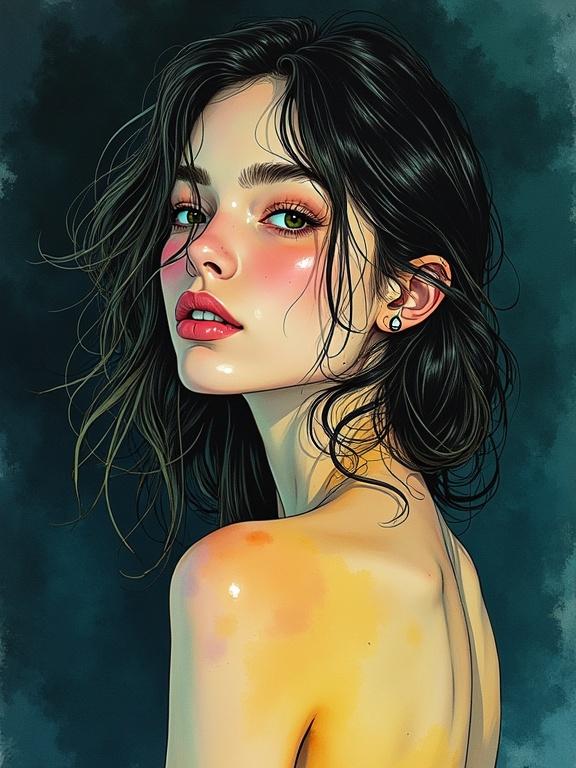 Close-up portrait of a naked young woman with loose waves. Features hand-drawn details in vibrant watercolor tones. Background is dark and shadowy. Illustration shows striking features with precise linework. Rich hues create a luminous effect. Style reflects 1990s manga art with mixed media techniques.
