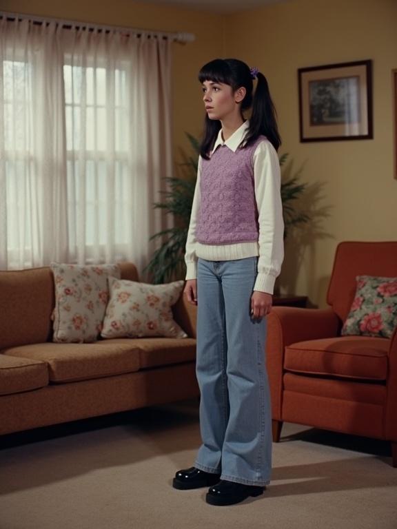 A screenshot from a 1970s movie. A retro living room scene. Young woman standing on carpet. Woman looking to the left. Woman has black pigtails and freckles. She is wearing a white sweater and lilac patterned vest. Long baggy bellbottom jeans and black platform shoes.