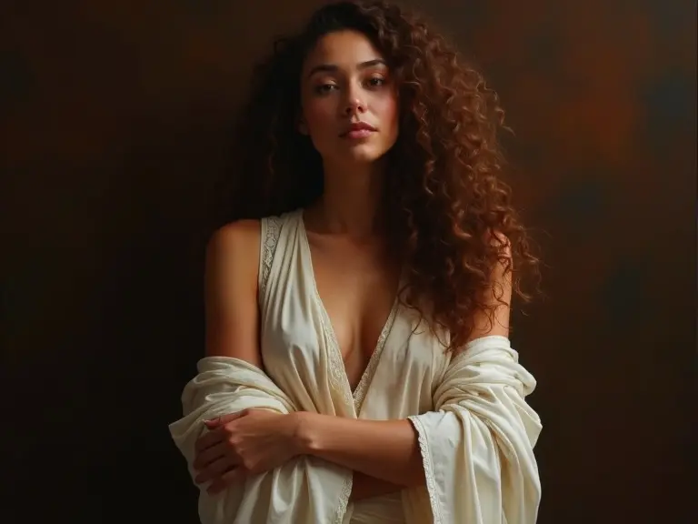 Captivating oil painting of an individual with long curly hair. Draped in a delicate white garment. Arms crossed radiating quiet confidence. Background is dark and richly textured. Warm rich browns and subtle reds enhance depth. Soft highlights accentuate fine details. Enigmatic yet inviting mood. Brushstrokes are expressive and refined.