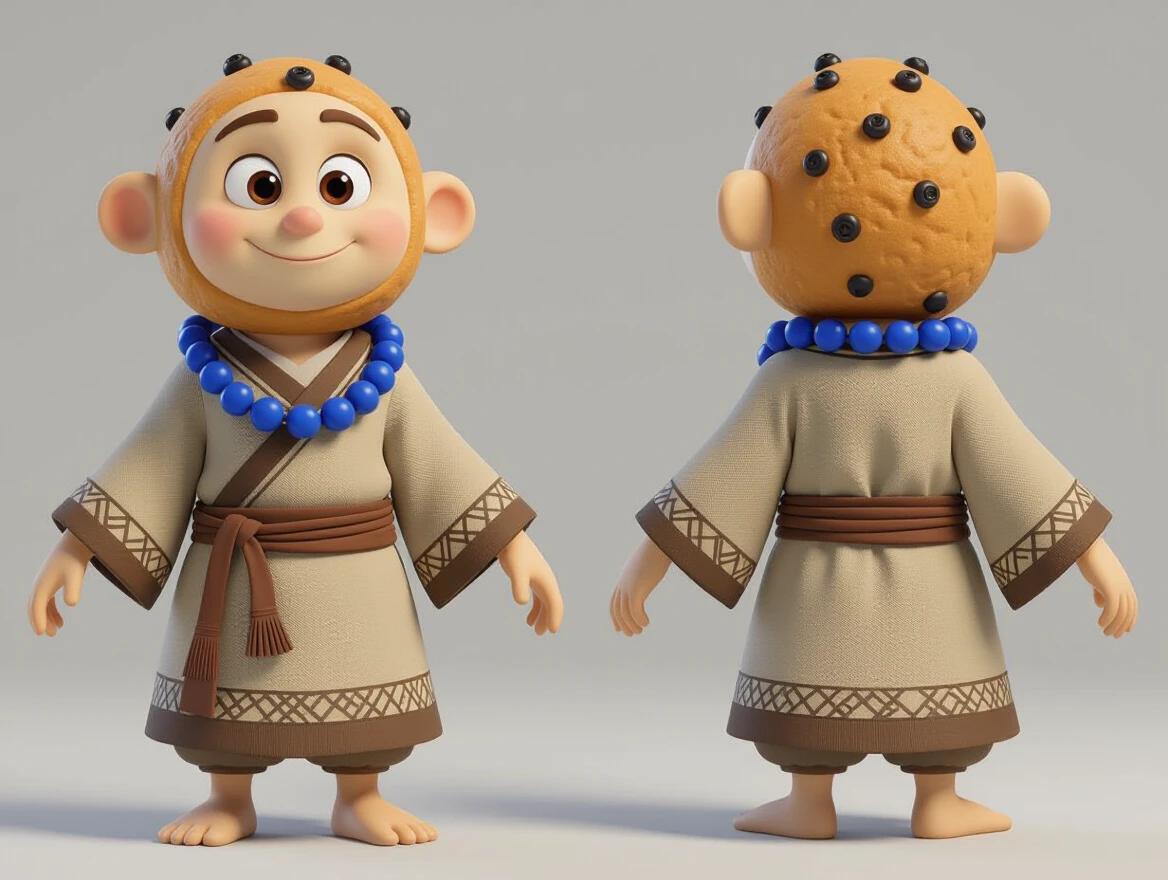 Anthropomorphic muffin monk character in T-pose with blueberry bead necklace. Displayed in three angles: front, side, back. Clean white background with Pixar-style 3D design. Neutral lighting used.