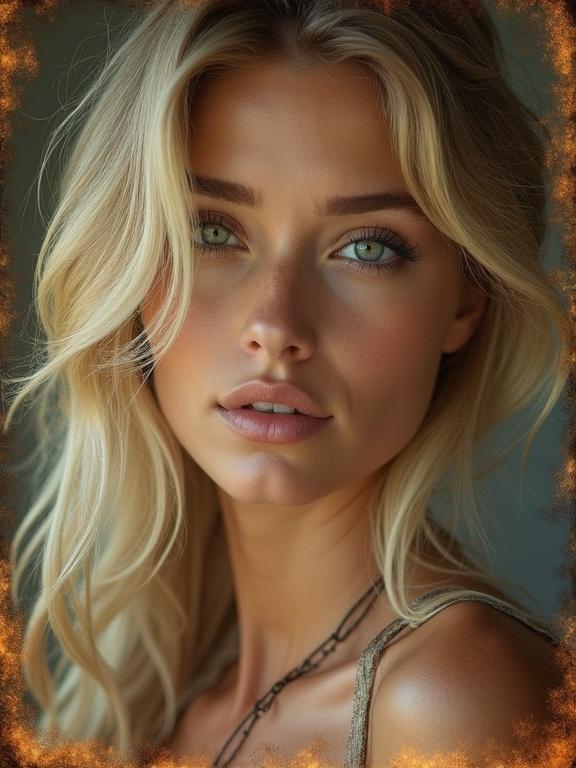 Beautiful blonde woman with hair partially covering one eye. Image has a burnt quality with edges appearing burned. Background is dark and ashen. Portrait focuses on captivating eyes.
