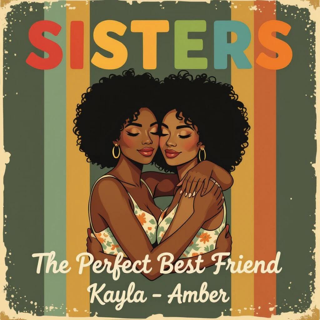 Two dark-skinned women embrace each other. Women have afro-curly hair. Stylized artistic style. The word SISTERS at the top in distinct colors. Below, soft handwritten text The Perfect Best Friend. Kayla - Amber beneath that. Background has dark vertical stripes in muted vintage colors like dusty green, mustard yellow, and burnt orange. Striped pattern has vintage worn effect. Overall style is very vintage and nostalgic on white background.