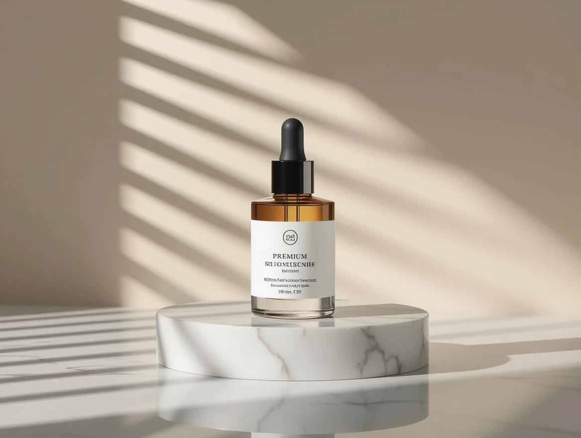 Minimalist setup presents premium skincare bottle. Bottle sits on marble surface. Soft geometric shadows fall behind it. Natural light filters through blinds. The scene emphasizes luxury and cleanliness.