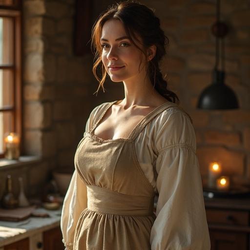 A semi-realistic portrait of a beautiful adult woman in a medieval fantasy world. She has a curvy figure with a large bust and a slender waist. Porcelain-like skin with a soft matte glow. Warm chestnut brown hair tied in a braid or loose bun. Deep brown eyes full of maternal warmth. Wearing a medieval-style dress made of linen or wool in earthy tones, with a clean apron. Set in a rustic stone kitchen lit by candlelight or sunlight. Gentle expression with a reassuring smile. Soft shadows and warm mood.