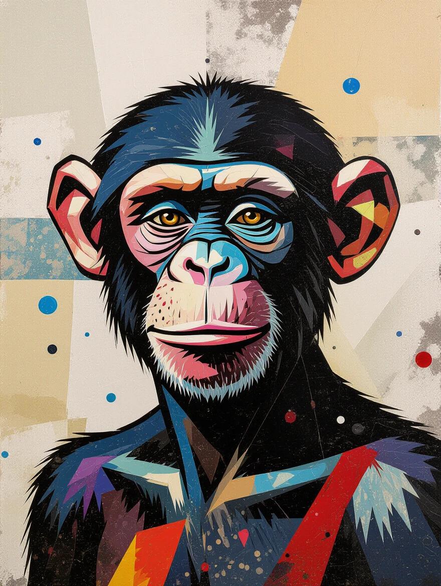 Abstract representation of a monkey in vibrant colors. Style inspired by Matisse. Mixed media elements including texture play from newspaper and jute fibers. Features splashes of color and glitter. Reflects creativity and modern art themes.