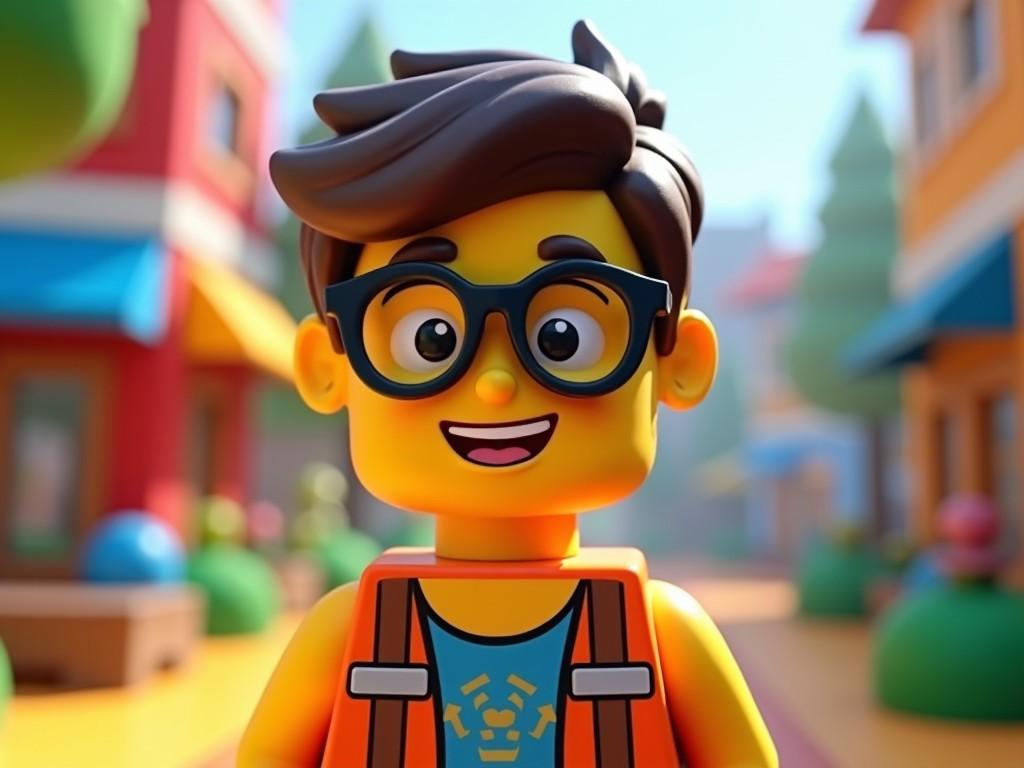 This image features a cartoon-like character designed in a Lego style, who appears to be about 22 years old. He has a big smile and wears glasses, showcasing a cheerful demeanor. The character is dressed in a vibrant orange outfit. The background hints at a colorful, playful setting, typical of a miniature toy town. The sunlight enhances the brightness of the scene, emphasizing the playful nature of the character.