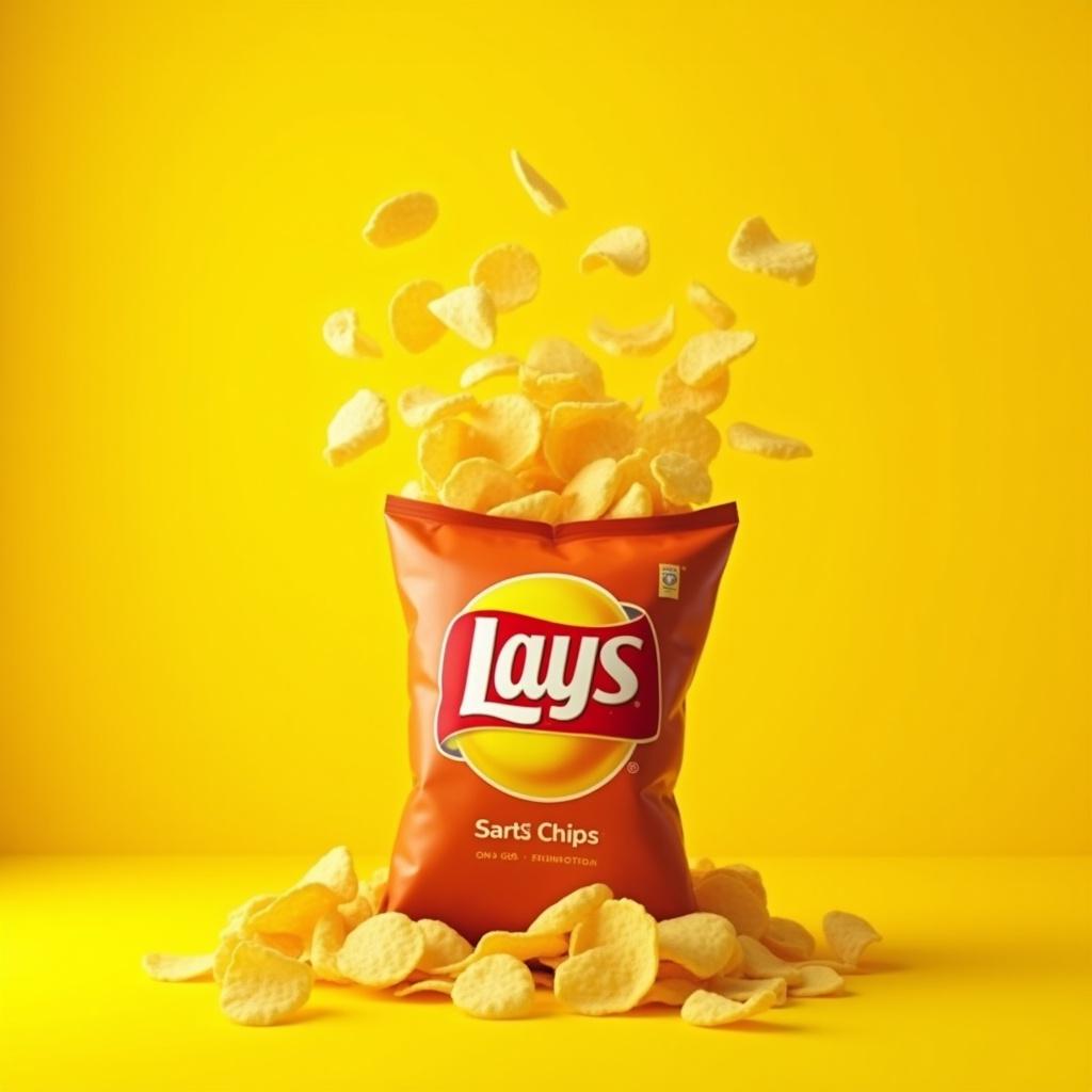 A vibrant image of a Lay's potato chips bag bursting surrounded by scattered chips against a yellow background.