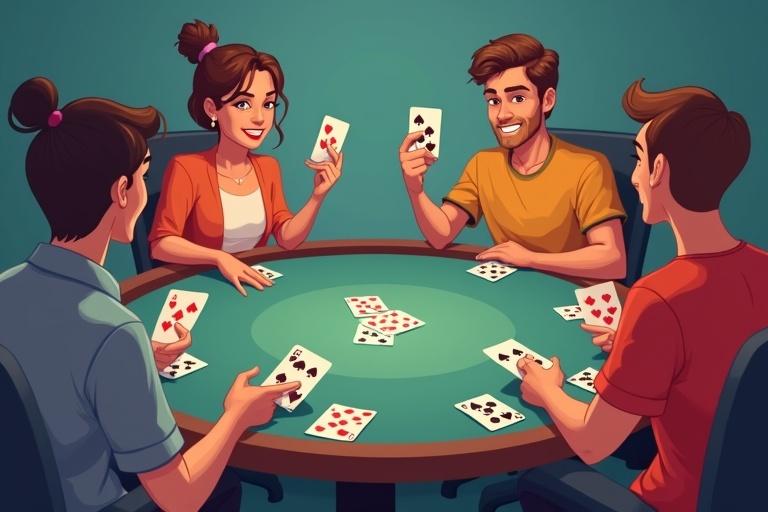 Lively 2D scene showing individuals playing rummy game. Characters seated around table with cards. Emphasis on strategic gestures and interactions. Modern cartoon style with overhead angle. Exaggerated expressions. Central deck and discard pile included. Card backs are marine-colored. Soft directional lighting for texture. Friendly competition mood.