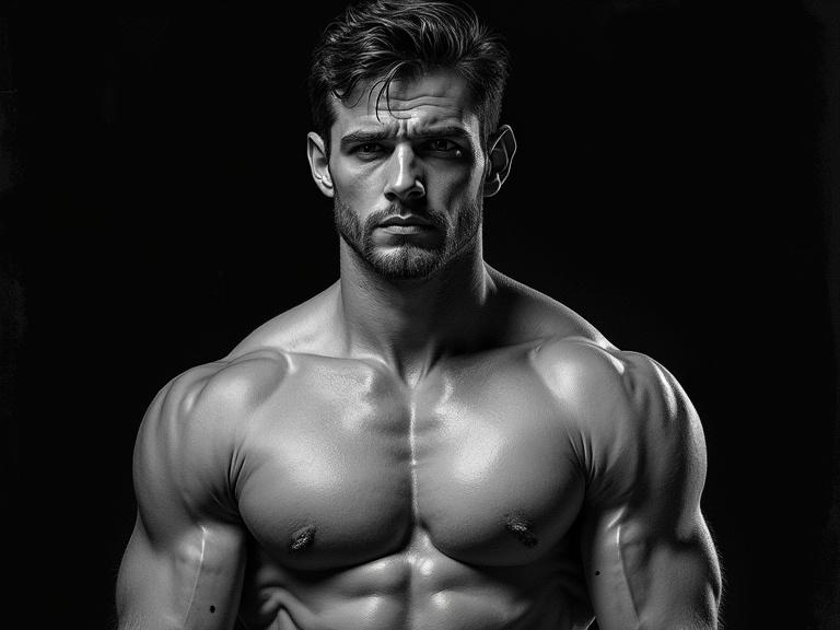 3D Disney masterpiece with black background. Naked muscular figure looking into the camera with a Dutch angle. Hyper-detailed graphite sketch style with Sin City contrast.