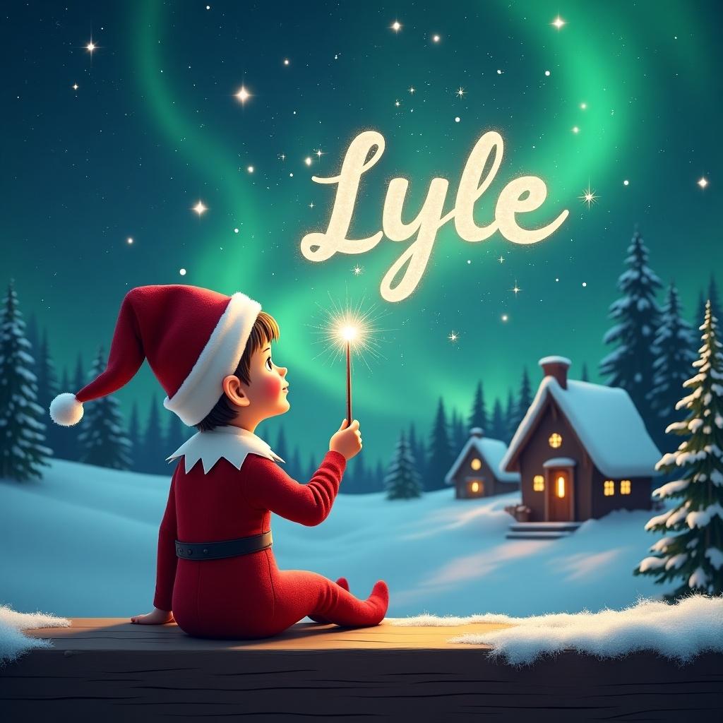 An elf sits on a wooden ledge. The elf gazes at the magical sky. Dressed in a red outfit and pointed hat. The elf holds a sparkling wand. The elf writes the name 'Lyle' in the starry sky. Background features a snowy landscape. Charming little houses and evergreen trees under Northern Lights