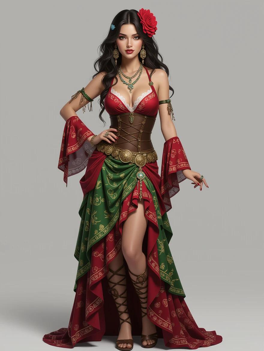 Full body of a 3D gypsy woman in glamorous attire. Features detailed costume with vibrant colors, intricate patterns, and elegant accessories. The woman poses confidently with a flower in her hair and jewelry adorning her neck and arms.
