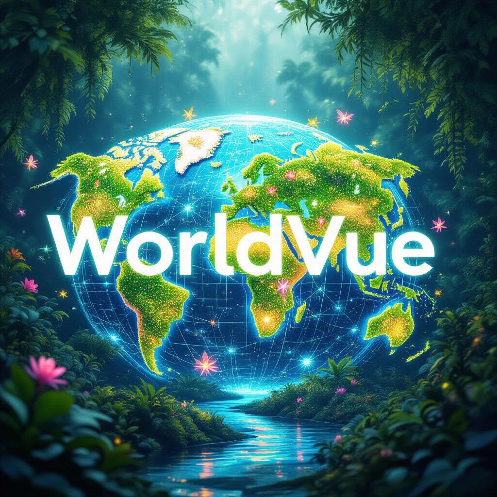 Vibrant utopian concept art featuring glowing glyphs WorldVue. Bioluminescent flora represents continents oceans. Delicate light pathways connect ecosystems of information. Exotic glowing creatures interact among data-plants. Scene illuminated by soft otherworldly light. Macro view emphasizing glowing plants details.