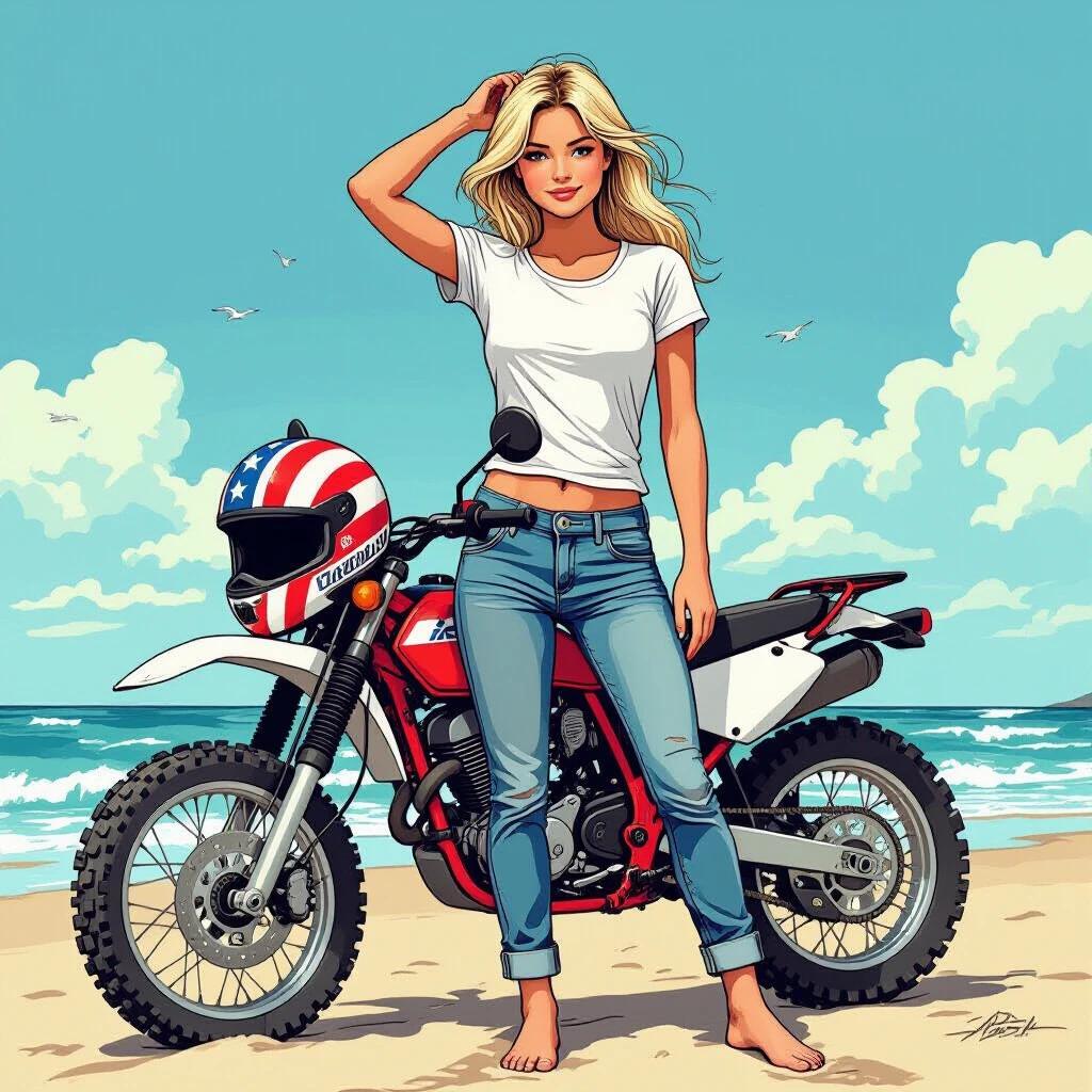 Blonde girl wears white t-shirt with short jeans. Stands at the beach beside an off-road motorcycle. Helmet with USA flag design rests on the seat. Left hand touches hair. Right hand on helmet. Comic-book style drawing. Full view of girl and motorcycle. She goes barefoot.