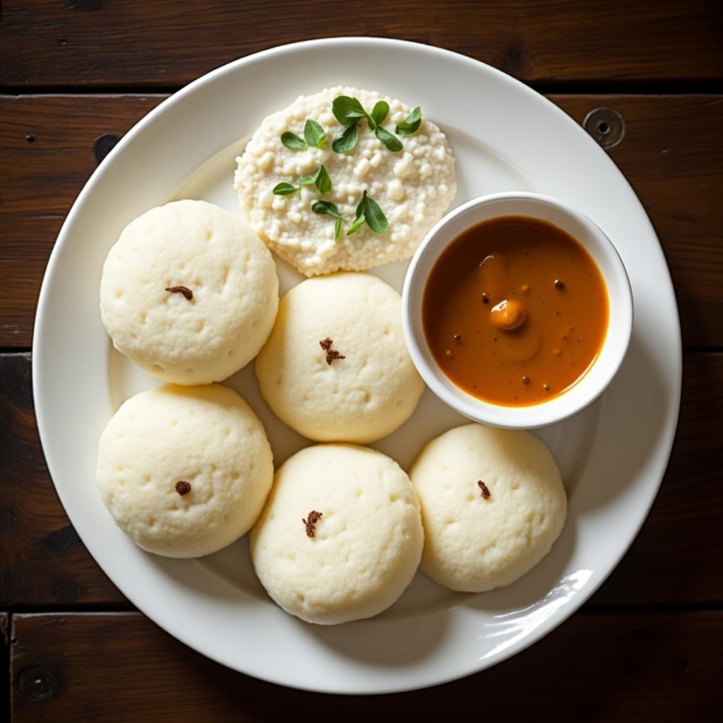 Plate of idli served with coconut chutney and sambar. Fluffy white rice cakes are arranged neatly. The dish suggests traditional South Indian cuisine.