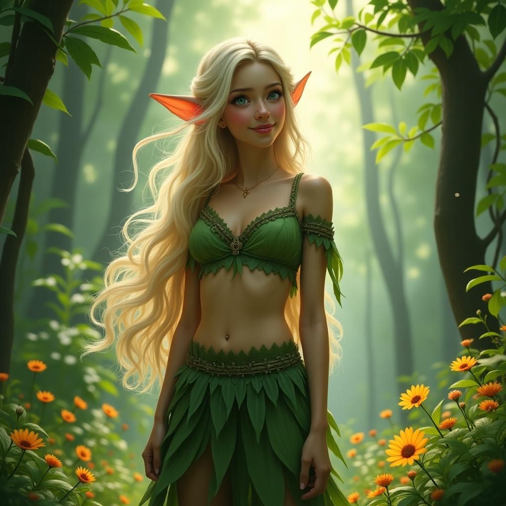 The image features a beautiful elf named Laurie-Mae standing in a magical forest. She has long, flowing blonde hair and striking elven features, accentuated by pointed ears. Dressed in nature-inspired attire with green leaves and a delicate design, she radiates an enchanting charm. Surrounding her are vibrant flowers, adding color to the lush greenery of the forest. Soft light filters through the trees, creating an ethereal atmosphere. Laurie-Mae's expression is friendly and inviting, as if she's welcoming viewers into her mystical world.