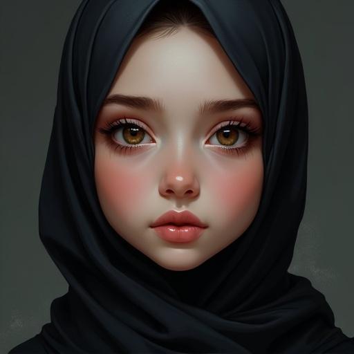 Digital painting of a girl with light skin and large brown eyes. She has medium lips and a round face. Wearing stylish flowing dark hijab. Emphasis on her wide expressive eyes and natural beauty. Use rich colors and dramatic lighting.