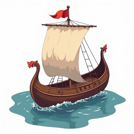 Medieval Viking ship illustrated in vector style with a solid color scheme and no background. Designed with clean lines and a matte finish. The ship features a prominent sail and decorative elements, presented in an isometric view with a zoomed-out perspective.