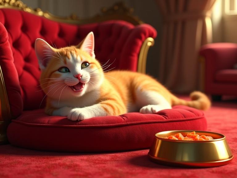 A happy cat lies on a red velvet bed in a lavish room. A golden food bowl filled with salmon sits beside it. The room has a luxurious atmosphere with a limousine visible. The style is Pixar 3D animation with bright colors.