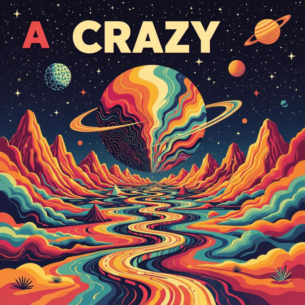 Album cover design featuring a cosmic theme with vibrant colors. Swirling planet with rings in the center. Winding river surrounded by stylized mountains. Star-filled background with planets. Bold title 'A CRAZY' at the top.