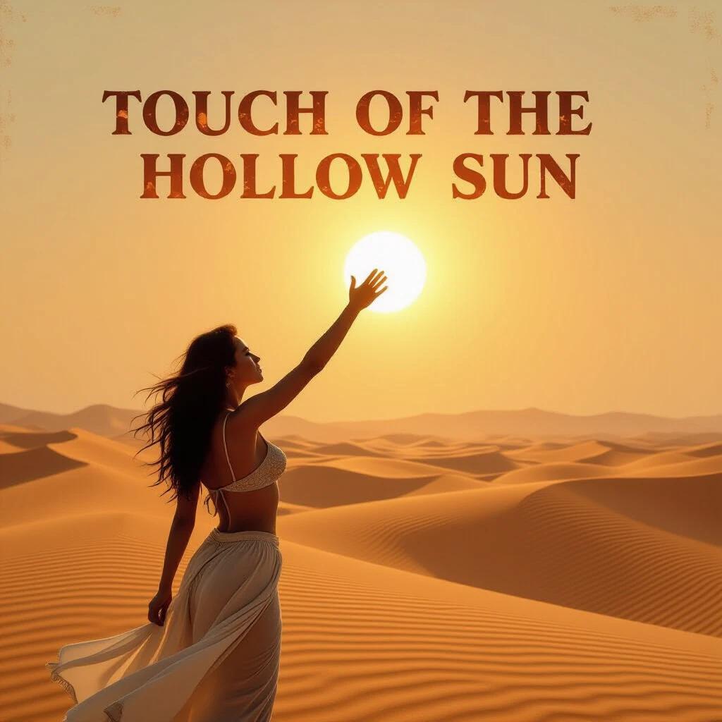 A woman raises her hand towards the sun in a vast desert landscape. Golden sun casts an orange glow over the scene. Flowing fabric billows around her in the wind. Sand dunes create a dynamic background. The atmosphere reflects warmth and adventure.