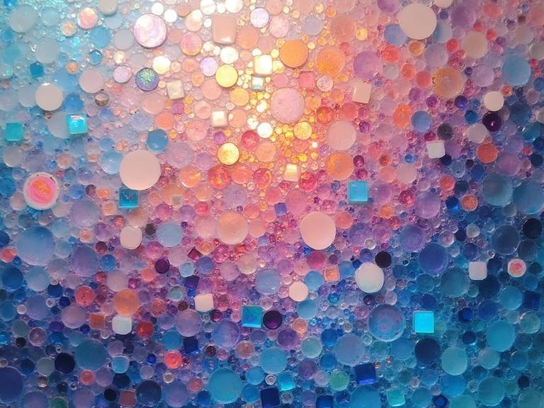 Masterpiece of 3D iridescent ceramic tile and glass mosaic. Ethereal abstract portrayal. Mixed media texture creates a colorful gradient.