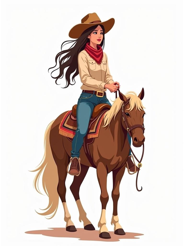 Clipart features a rodeo cowgirl in a boho graphic style. The cowgirl wears a red top with embellishments. She has denim jeans that are ripped at the knees. Large brown cowboy boots complete the western look. Accessories include a large belt with a decorative buckle. The figure stands against a white background, emphasizing the colorful illustration.