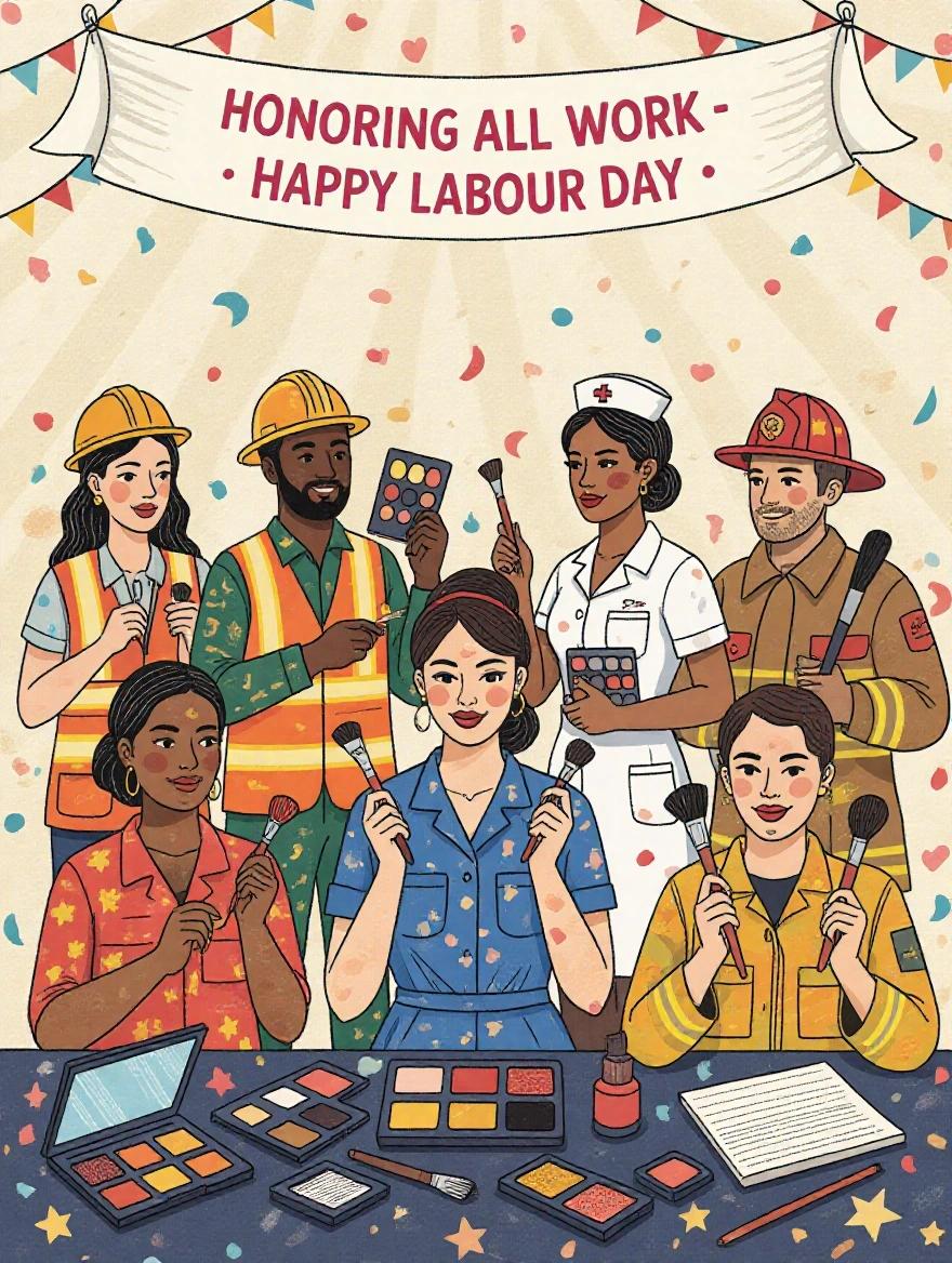 Creative illustration for Labour Day features makeup artists dressed as various workers. Includes construction worker nurse farmer firefighter factory worker. Each holds makeup tools instead of traditional ones. Scene combines glamour and grit. Bold vibrant colors with festive background. Banner overhead says 'Honoring All Work - Happy Labour Day' with confetti and soft light effects.