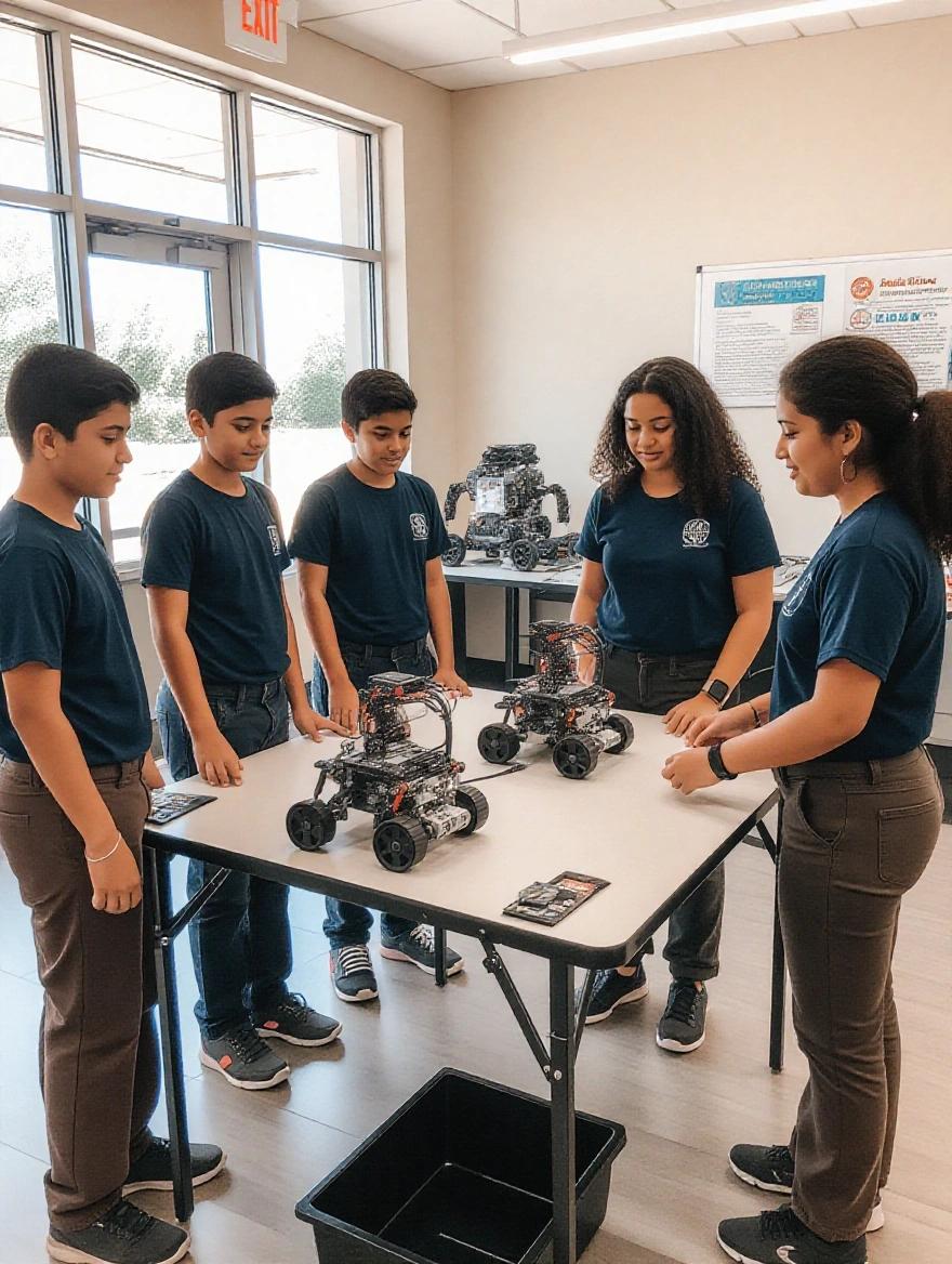 An image shows five students testing robots on a racing table. Each student wears a dark blue shirt and dark brown pants. One robot moves swiftly while another picks up objects using its mechanical arm. Students focus on details and make quick adjustments. In the background, an LED screen displays 'Robo Manarat 1' with bright lights reflecting competition.