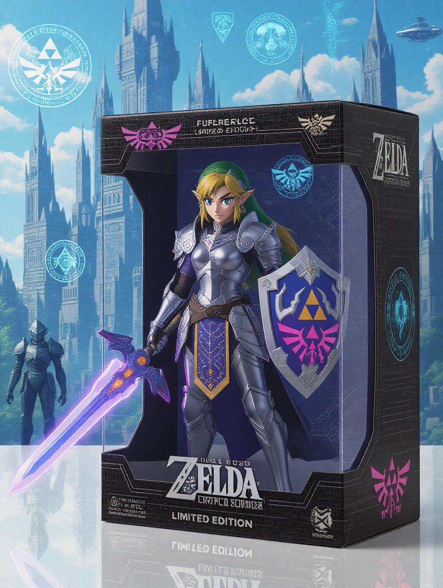Anime-style collectible action figure of Zelda featuring futuristic silver armor plates glowing purple sword holographic shield displayed inside transparent toy box black linings Triforce stickers background digital Hyrule Castle floating neon glyphs cyber sentinels ultra-modern skyline sci-fi art