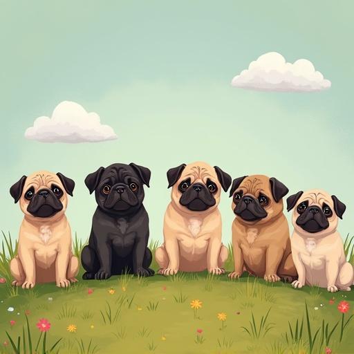 A group of six pugs drawn in a children's book style. Colorful and playful illustration with pugs in various positions. Set in a grassy area under a blue sky with clouds.