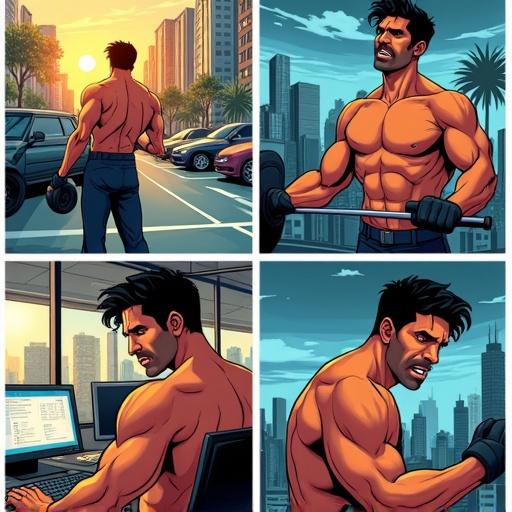 Four panels depict an Indian Australian adult male antihero in gym and office. First panel shows him frustrated seeking a parking spot outside a trendy urban gym. Second panel features him confidently lifting weights surrounded by others. Third panel illustrates him at his work desk focusing on computer screens. Fourth panel captures him rubbing his shoulder with a reflective expression.