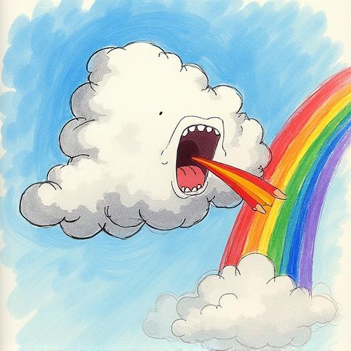 A puffy cloud sneezing a rainbow into the sky. The drawing style is silly, surreal, using colored pencil and highlighter.