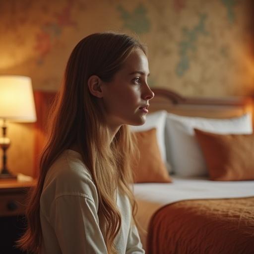 A girl sitting in a hotel room. Soft warm lighting from a lamp. Thoughtful expression. Cozy atmosphere. Bedroom design with a bed and decor. Natural pose.
