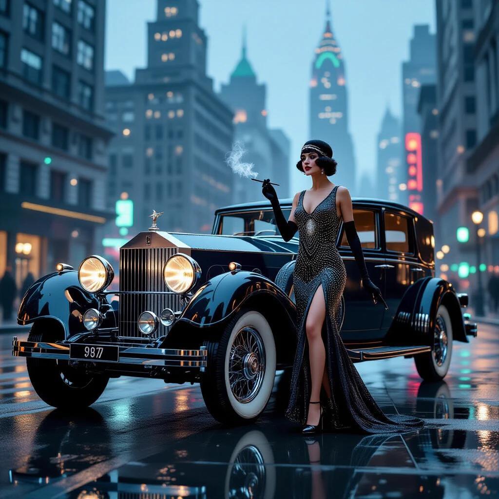 Elegant woman in a beaded flapper dress steps down from a 1929 Rolls-Royce Phantom II. Car has chrome details and polished wood accents. Woman holds cigarette holder with one leg extended in stiletto heel. Background features neo-gothic skyscrapers in fog with neon lights. Scene is hyperrealistic with cinematic lighting and rich textures.