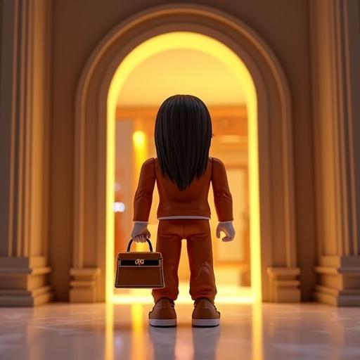 Luxury Roblox avatar holding a miniature Hermès Kelly bag glowing with gold light. Standing in front of a VIP boutique entrance with elegant architecture.