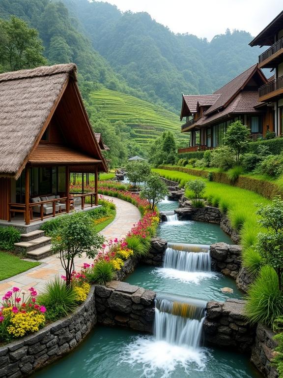 Lush tropical landscape featuring a thatched-roof hut beside a winding stream with waterfalls. Verdant rice terraces in the background and a modern house nearby. Vibrant gardens line the pathways.