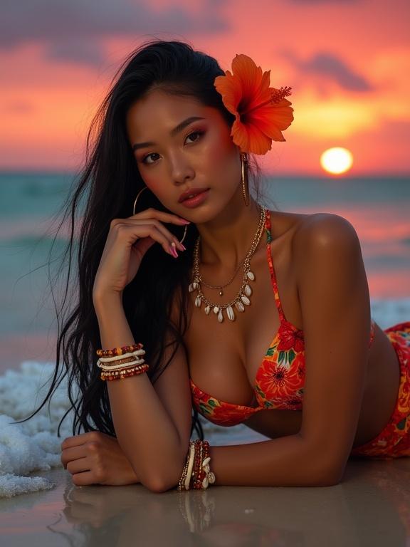 Hyper-glamorous tropical beach fashion photograph featuring a woman at sunset. The woman lies at the shoreline with waves and wet sand. Her pose is relaxed and confident, gazing at the camera. She wears a vibrant bikini with tropical patterns and a matching sarong. Long black hair with an oversized hibiscus flower. Bold accessories including hoop earrings and bangles. Flawlessly bronzed makeup with glossy lips. The backdrop features a crimson and violet sunset over the sea, illuminated for editorial style.