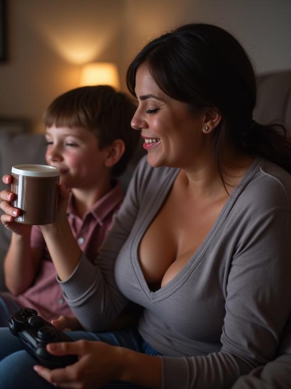 Mother brings a cup of chocolate to son. Son playing video games with video game controller in hand. Warm soft lighting creates cozy ambiance. Mother smiling as she hands over the cup.
