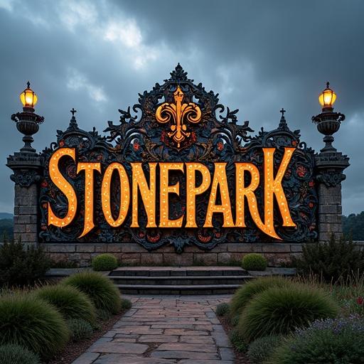 Large ornate STONEPARK sign made from intricate metal parts. Sign's colorful elements catch light and cast shadows on stone wall. Dark cloudy sky provides moody backdrop, enhancing the sign's presence.