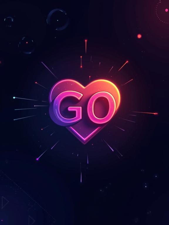 Logo of Go programming language with a heart shape on a cyberpunk background. Bright neon colors and glowing effects.