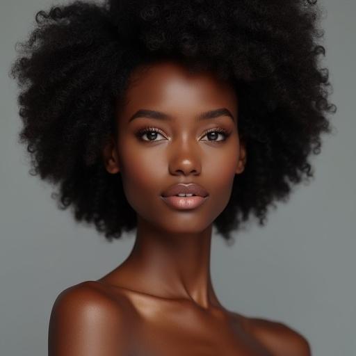 Photo realistic portrait of a black woman. Features full body view. Natural hair styled elegantly. Grey eyes with soft makeup. Focus on facial beauty.