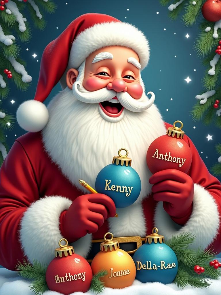 Santa Claus writing names on colorful Christmas ornaments. Snowy backdrop with festive greenery. Vibrant colors enhance holiday spirit. Personalization theme during Christmas season.