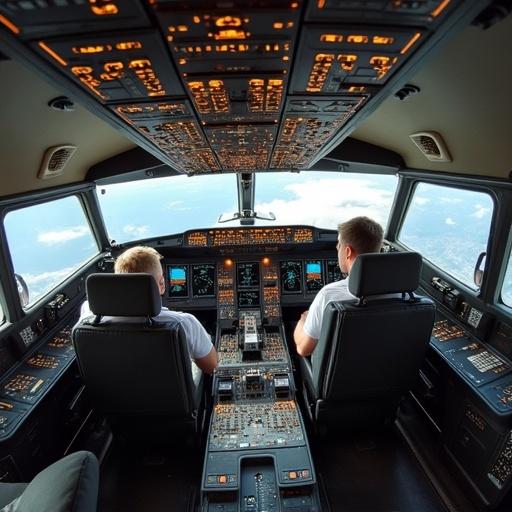 View from inside the cockpit of a jumbo airplane