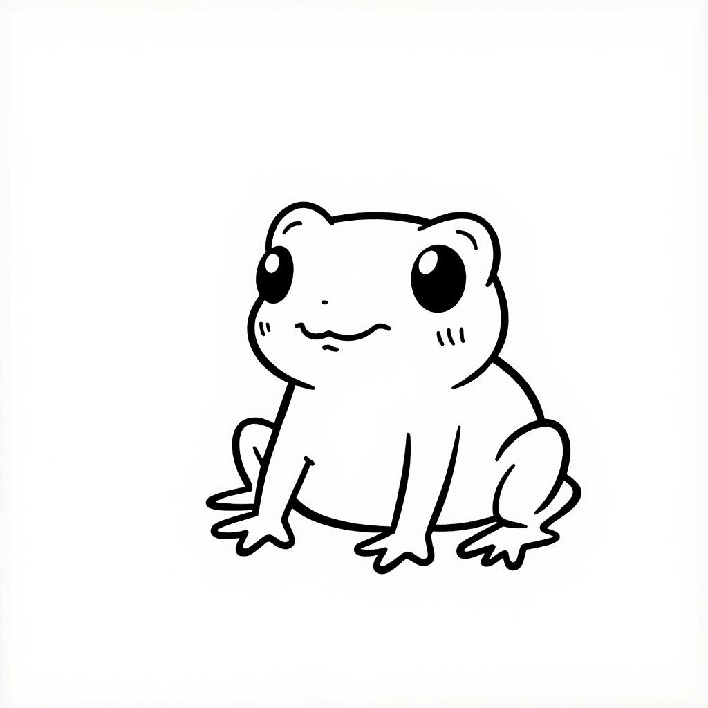 Artistic kawaii marker drawing of a cute frog depicted in a minimalist style using only black and white lines for children's coloring book.