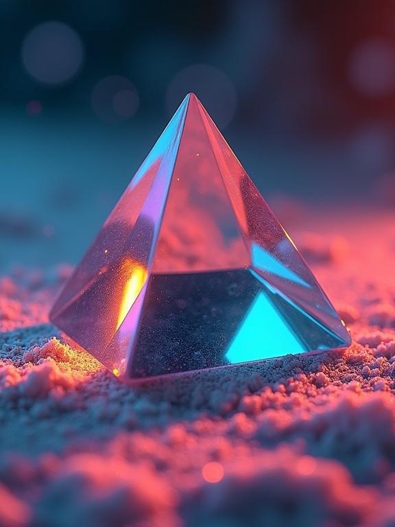 Surreal close-up of a prism glass tetrahedron. Different colors on each side. Casting rays on moon dust. Color gradient with shiny glare. Macro photography with vibrant semi-realistic style. Refracted light beams creating a colorful spectrum in a lunar landscape. Soft ethereal lighting for dreamlike effect.