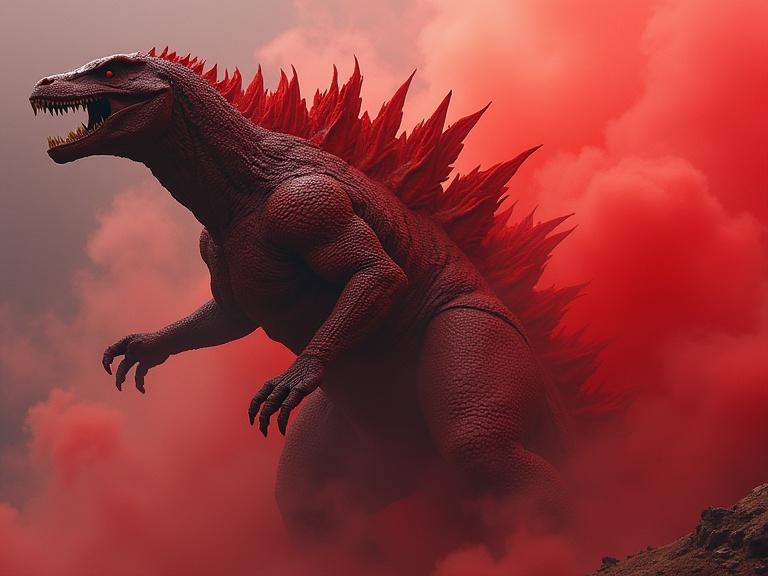 A giant creature with red skin stands against a smoky background. The creature has sharp claws, defined muscles, and a spiky back. Dark atmosphere with red and black tones.