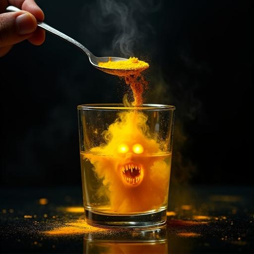 Teaspoon of turmeric powder pours into clear water. Yellow smoke forms a terrifying ghost in the glass. Dark background with cinematic lighting. Emphasis on health versus horror theme.