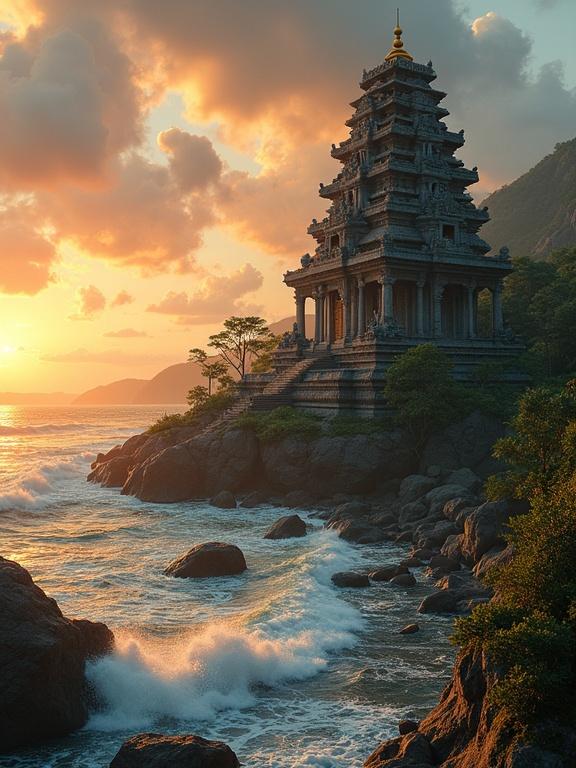A hyper-realistic scene shows an ancient stone temple complex at sunset on a rocky seashore. Dramatic clouds fill the sky. Waves crash against the rocks. Intricate carvings including elephant sculptures adorn the temple. Golden light bathes the temple in warmth. Lush greenery surrounds the scene with distant hills visible. Majestic and timeless atmosphere captured.