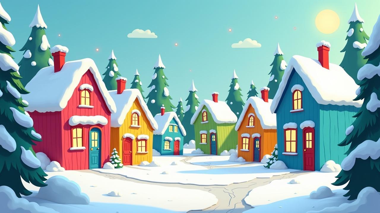 Cartoon style winter village with whimsical colorful houses. Bright pink, lime green, yellow, and blue houses under snow. Tall green trees in background. Clear blue sky and sun. Cozy and cheerful winter atmosphere.