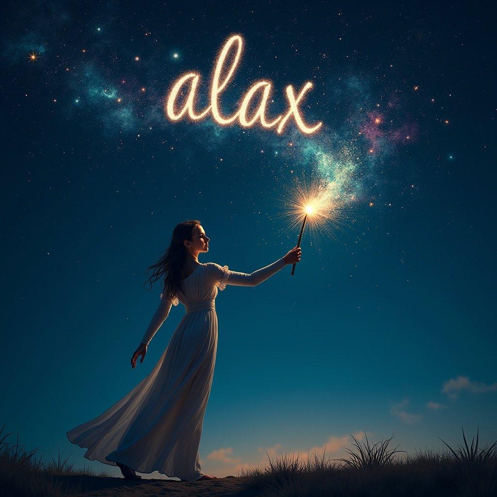 An elf stands in a magical night sky. Elf writes alax with a sparkler. Stars twinkle around. White dress flows elegantly.